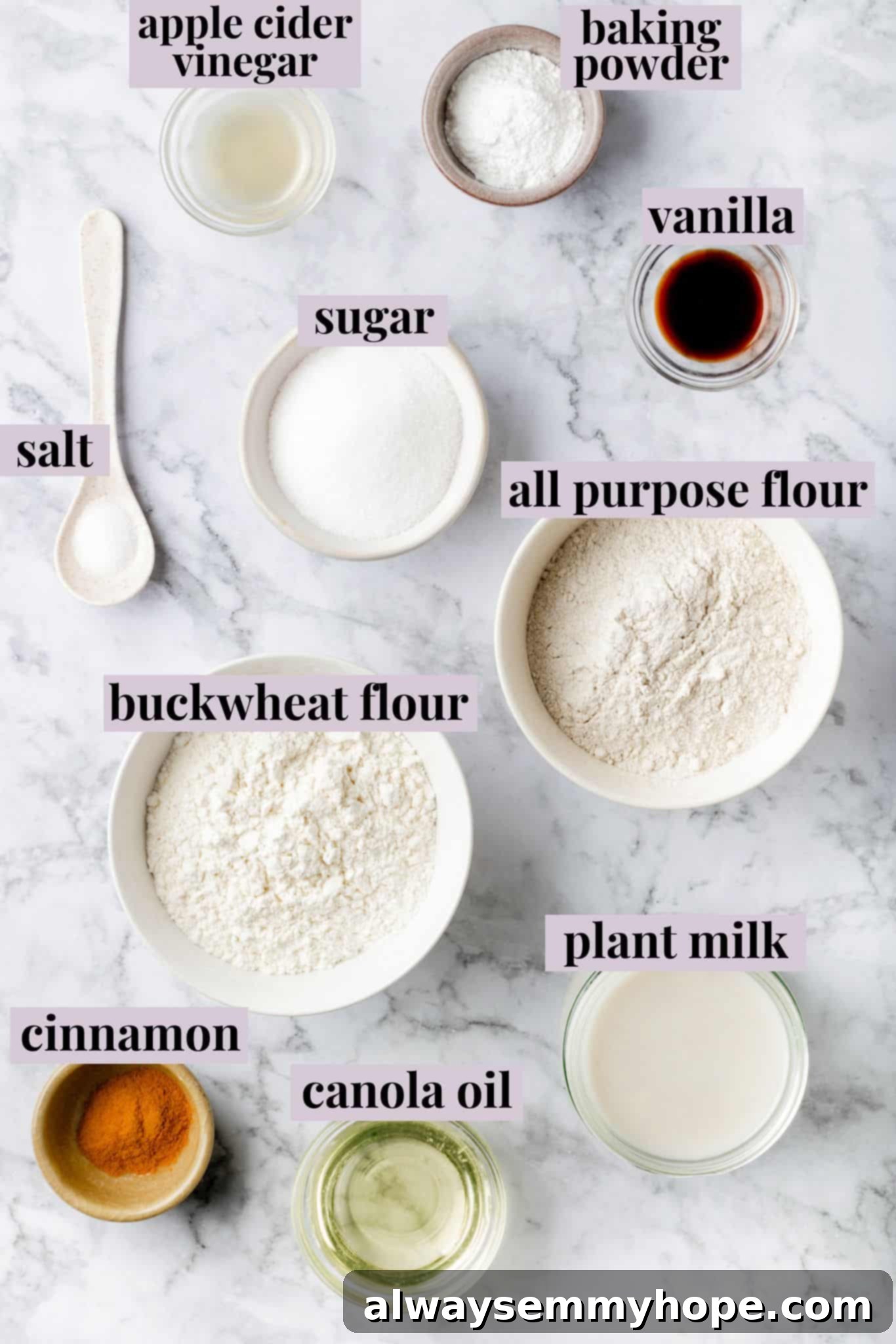 Overhead view of all the essential ingredients for making vegan buckwheat pancakes, neatly arranged with labels