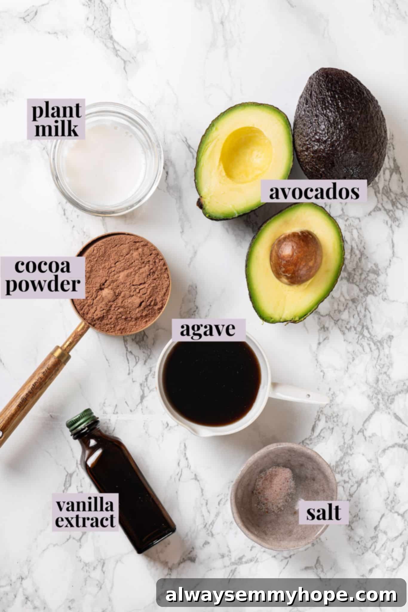 This easy avocado chocolate mousse recipe is rich, creamy, and oh-so-decadent—and you will never guess that the main ingredient is avocado! An overhead shot displaying all the simple ingredients required for chocolate avocado mousse, neatly laid out with labels.