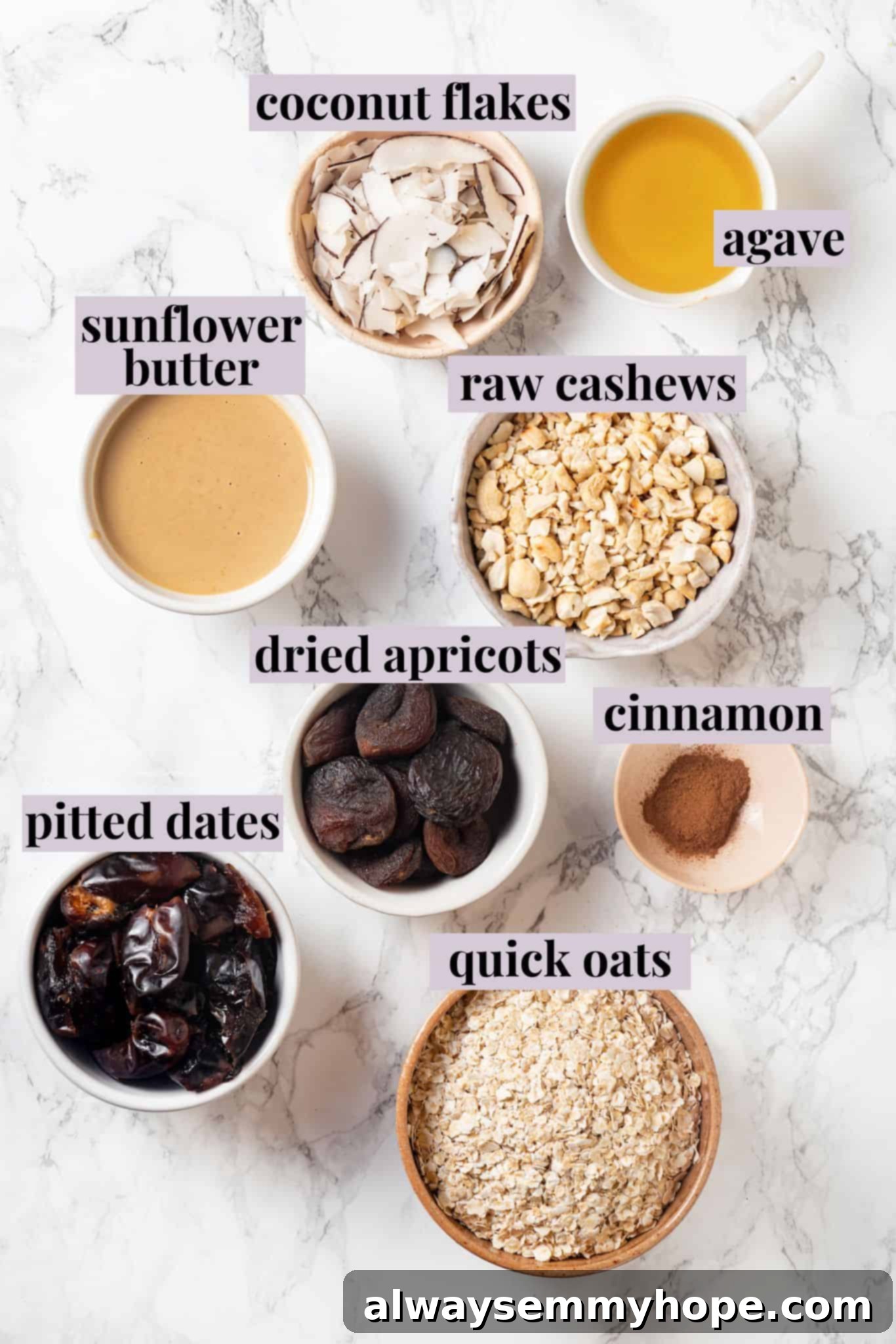 Overhead view of ingredients for homemade granola bars with labels
