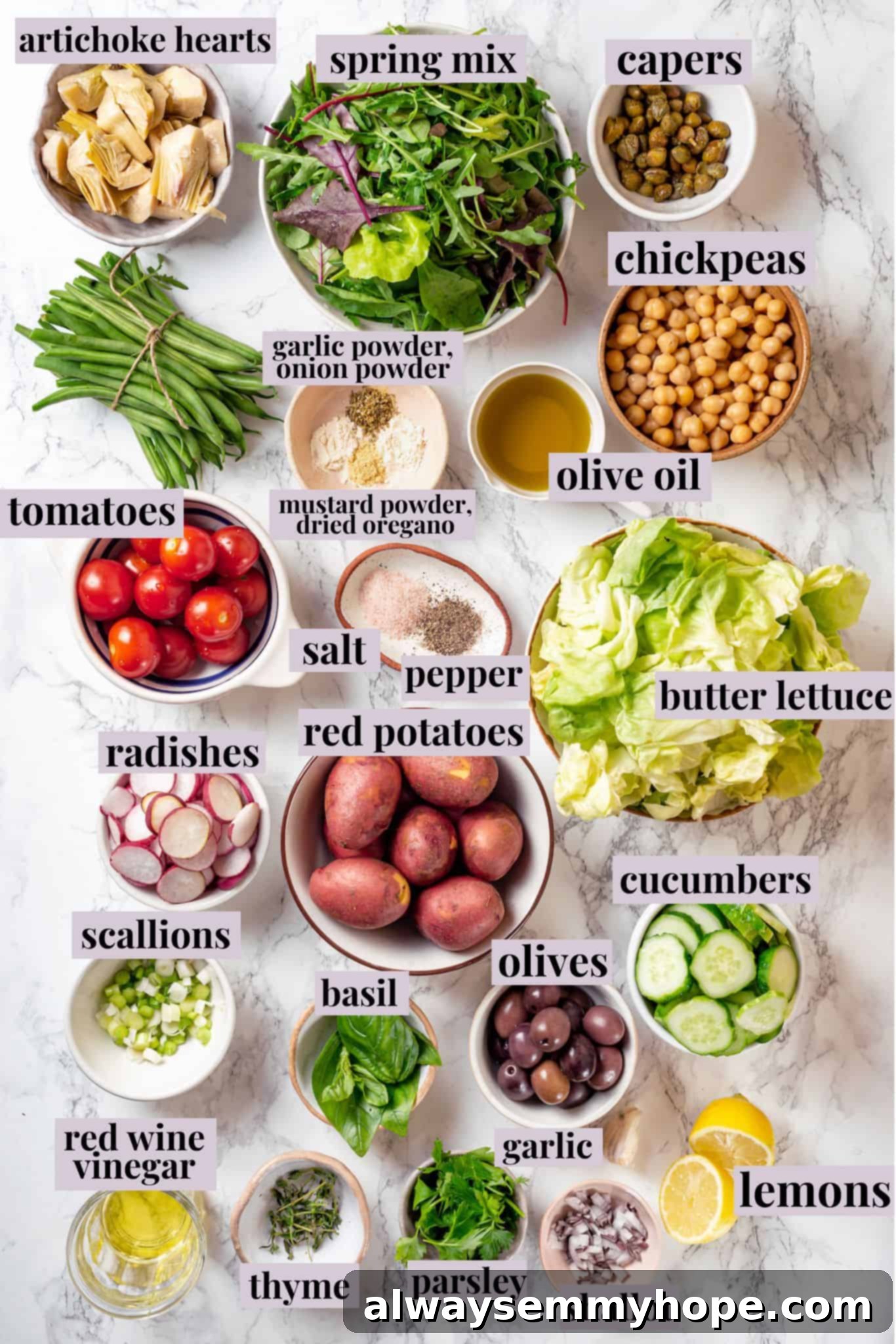 Overhead view of ingredients for vegan nicoise salad