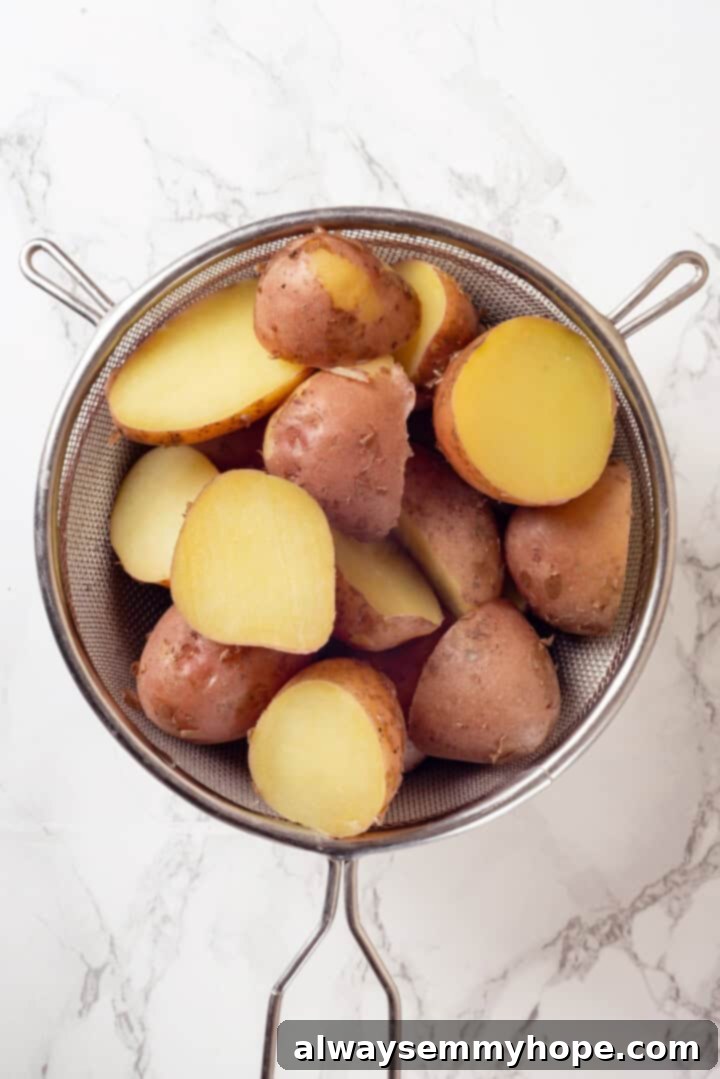 Overhead view of small red baby potatoes, freshly drained and cooked, in a bowl.