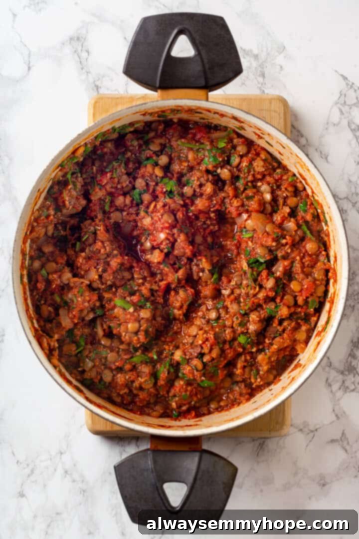 This vegan moussaka recipe has all the flavour of the classic Greek eggplant dish, but with tender lentils and mushrooms replacing the meat! Overhead view of lentil sauce for vegan moussaka