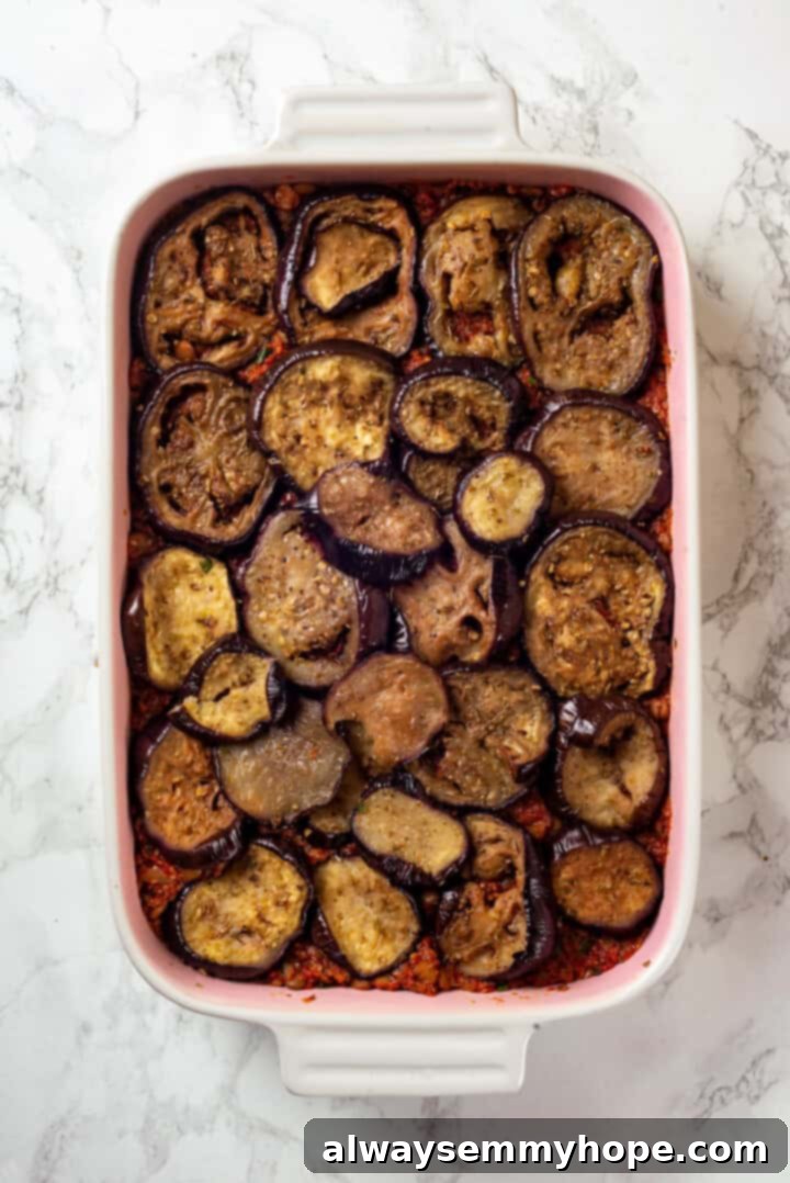 This vegan moussaka recipe has all the flavour of the classic Greek eggplant dish, but with tender lentils and mushrooms replacing the meat! Overhead view of eggplant layer for vegan moussaka