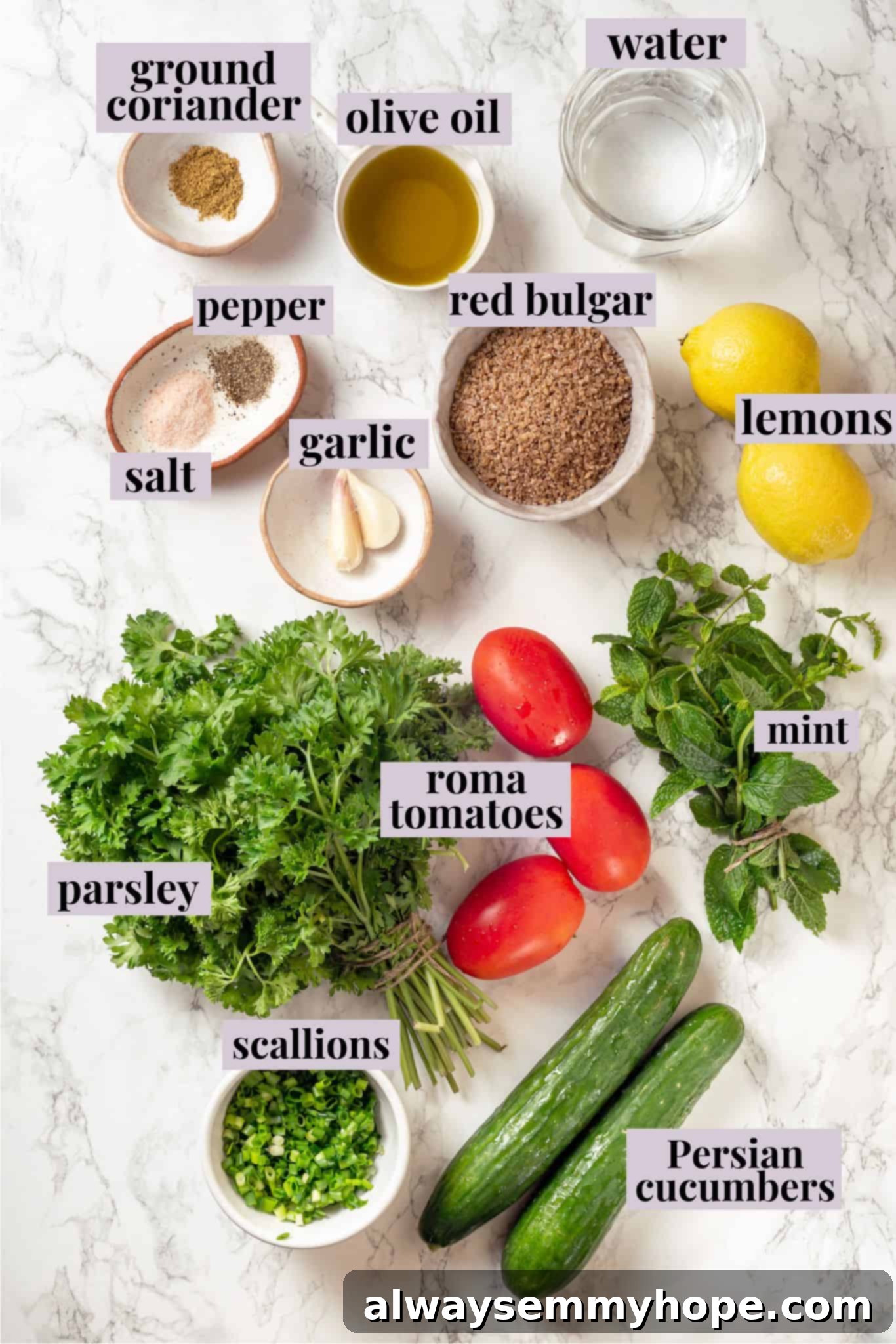 Overhead view of fresh ingredients for tabbouleh laid out with labels, including vibrant parsley, mint, tomatoes, cucumbers, and bulgur