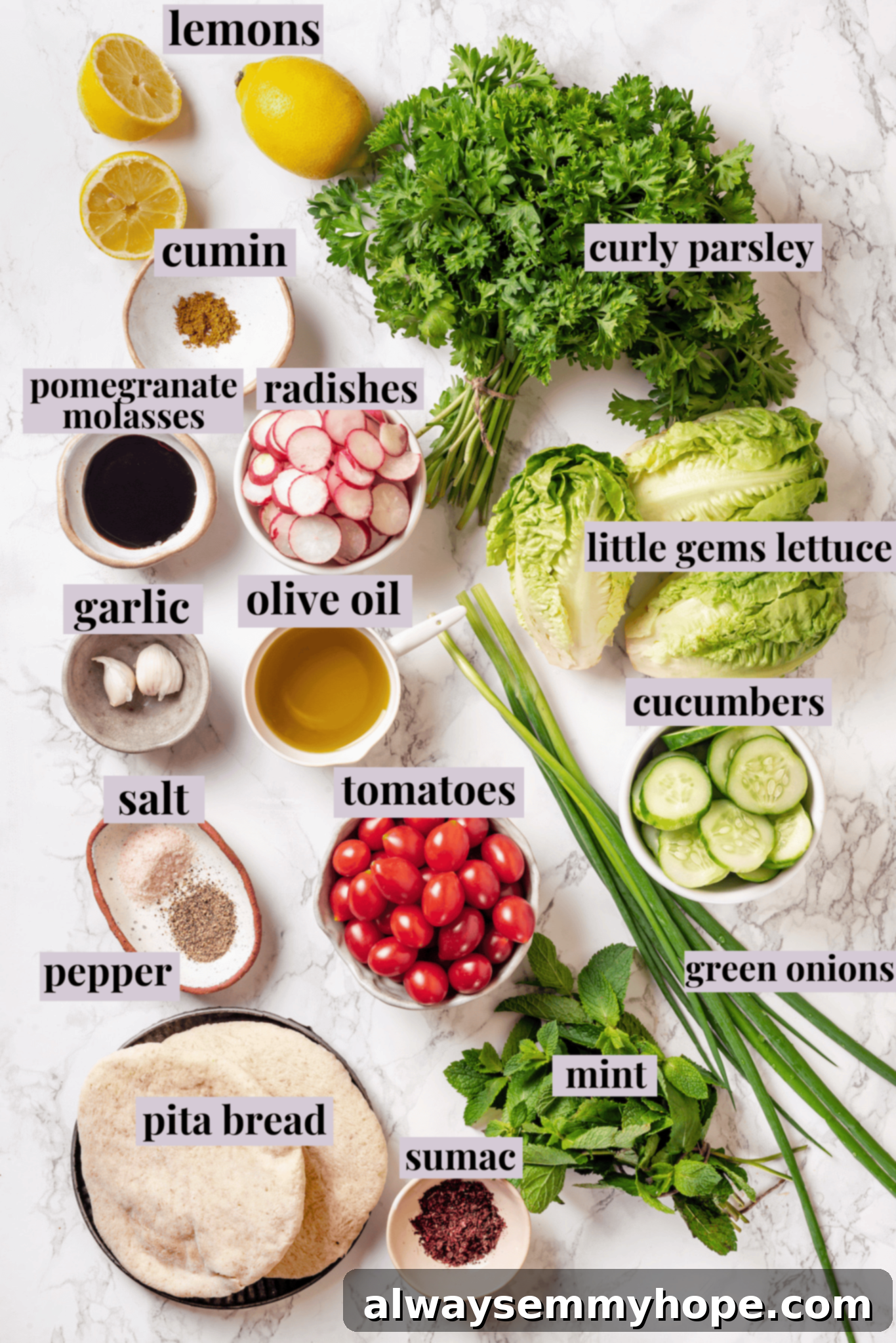 An organized display of fresh ingredients including lettuce, tomatoes, cucumbers, herbs, and pita bread for a Fattoush salad. Overhead view of various fresh ingredients for fattoush salad, neatly labeled and arranged