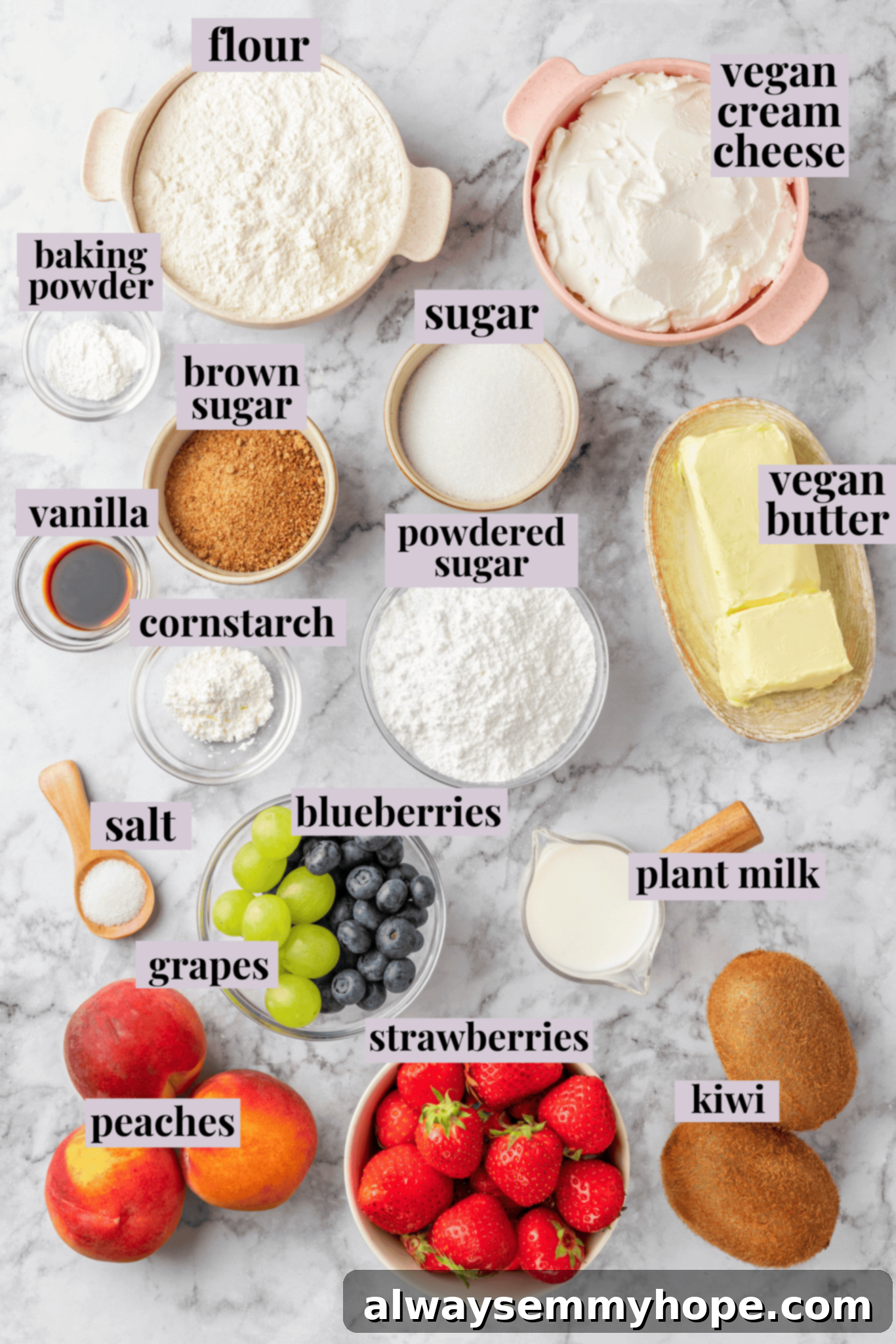 Overhead view of ingredients for fruit pizza recipe with labels