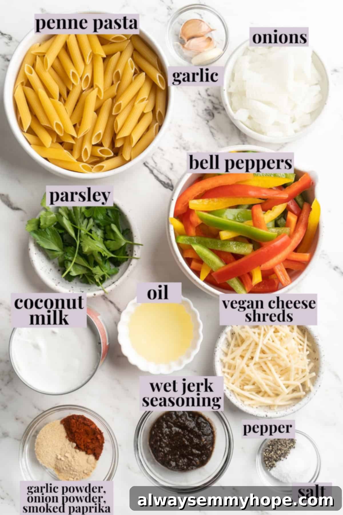 Overhead view of all ingredients laid out for Rasta Pasta preparation, clearly labeled.