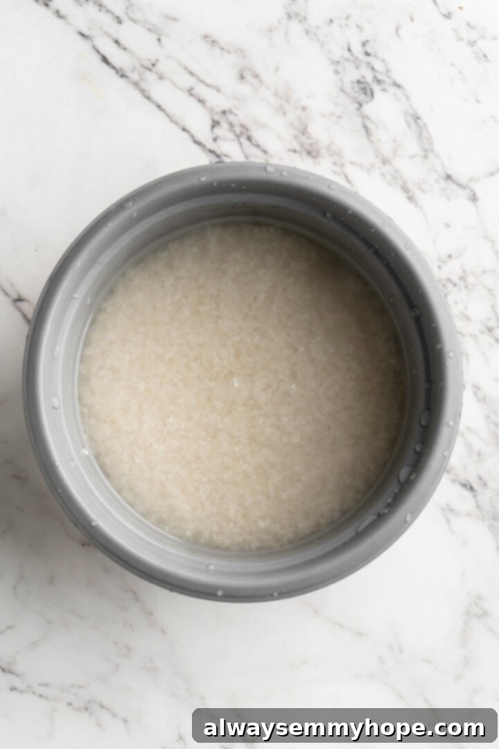 Clean sushi rice and water in a bowl, ready for cooking after thorough rinsing.