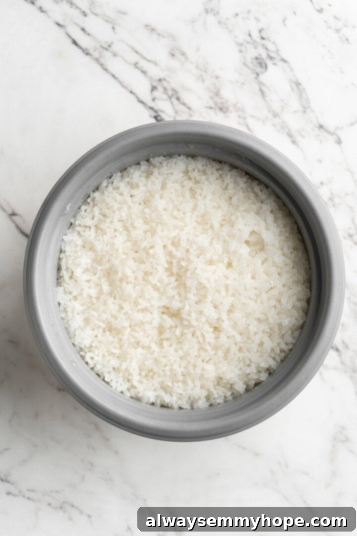 Freshly cooked sushi rice resting in a pan, steaming gently.