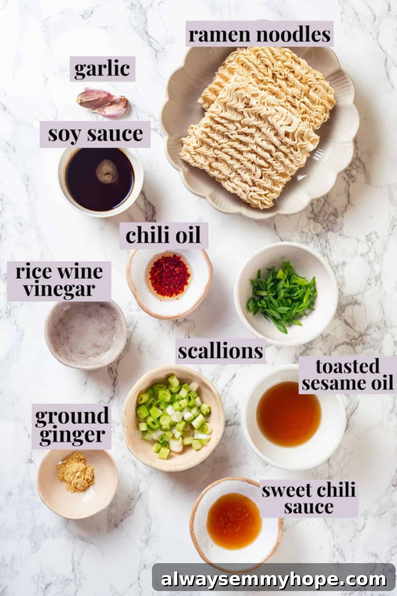 This spicy ramen recipe is an easy budget-friendly dinner that's packed with flavour! Sweet, spicy and umami—and it takes minutes to make! Overhead view of ingredients for spicy ramen with labels