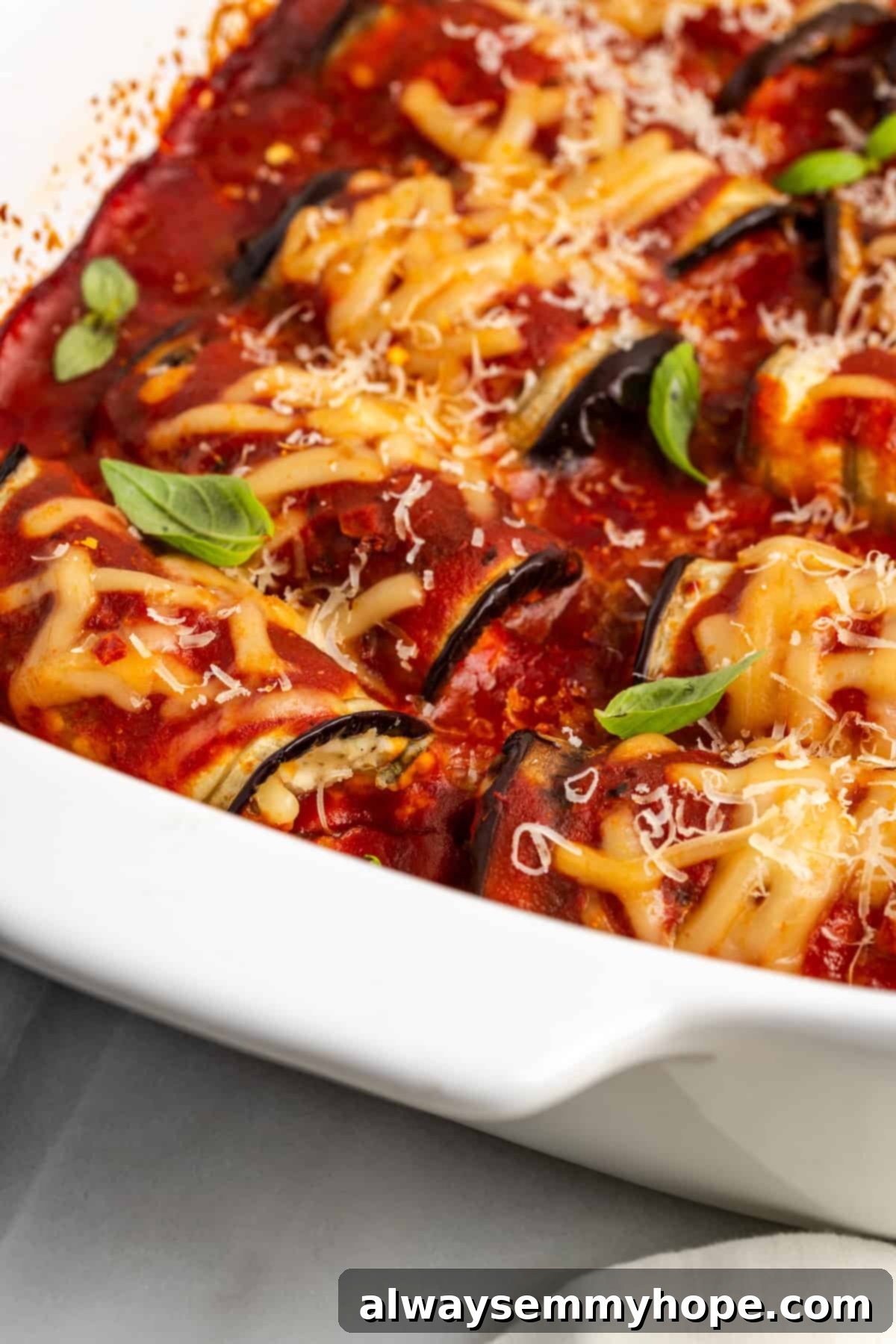 Vegan eggplant rollatini in casserole dish