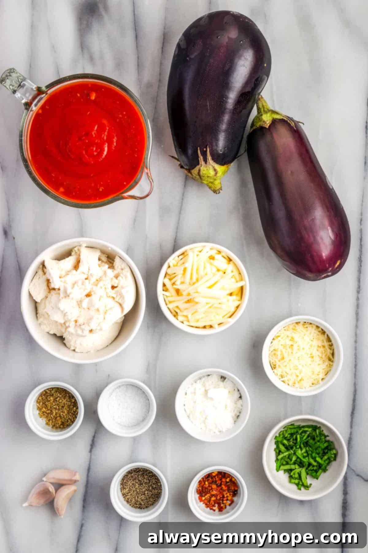 Overhead view of ingredients for eggplant rollatini
