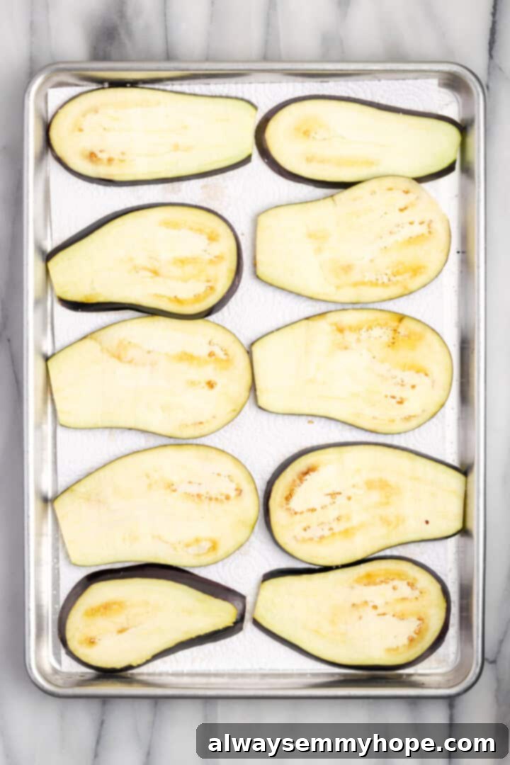 Overhead view of eggplant slices on paper towels