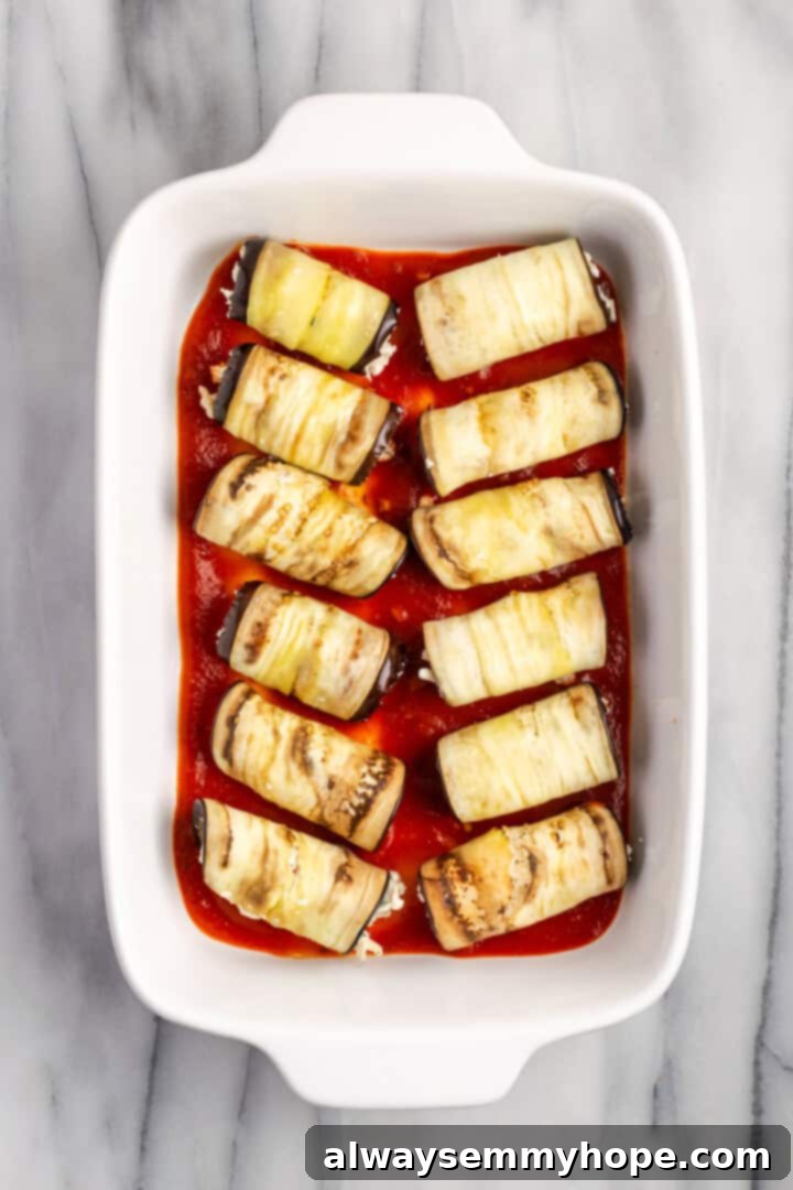 Overhead view of eggplant rollatini before adding sauce and cheese