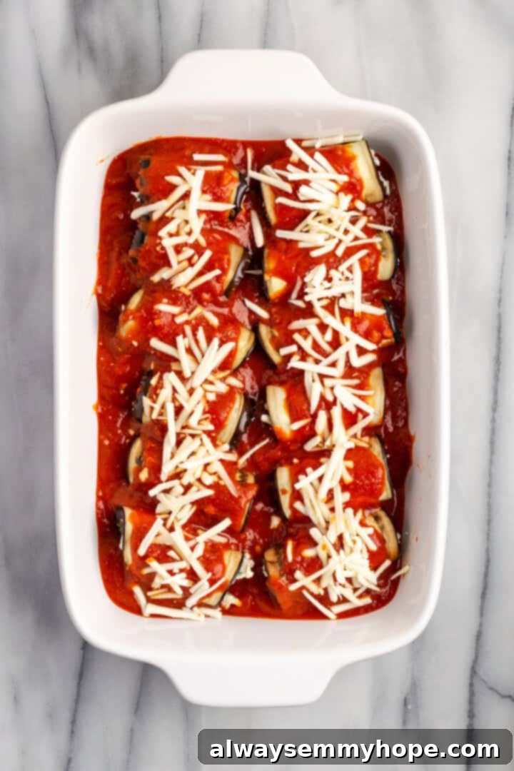 Overhead view of eggplant rollatini before baking