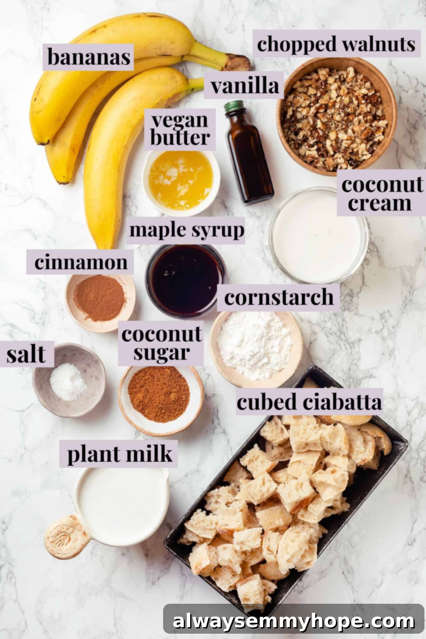 An overhead view showcasing all the ingredients for vegan banana bread pudding, clearly labeled and arranged on a surface.