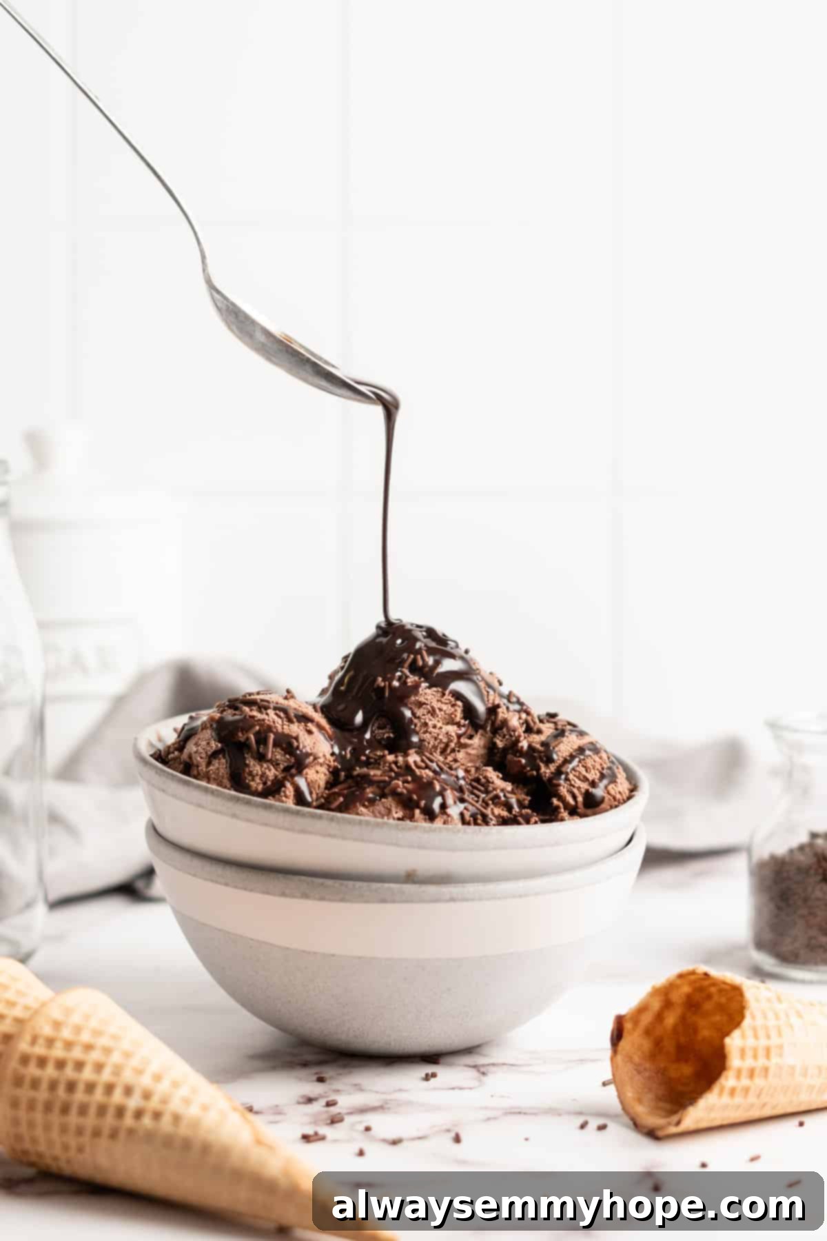 Decadent Chocolate Avocado Ice Cream 4 Chocolate syrup drizzled onto bowl of Chocolate Avocado Ice Cream