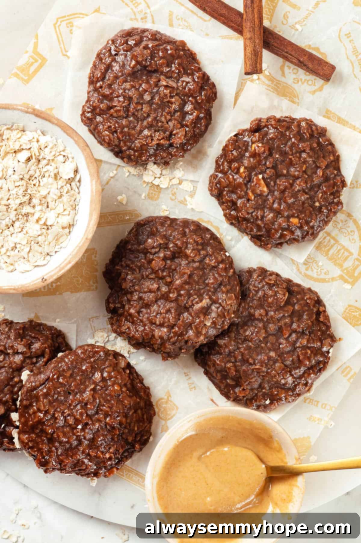 Overhead view of chocolate no bake cookies on parchment paper