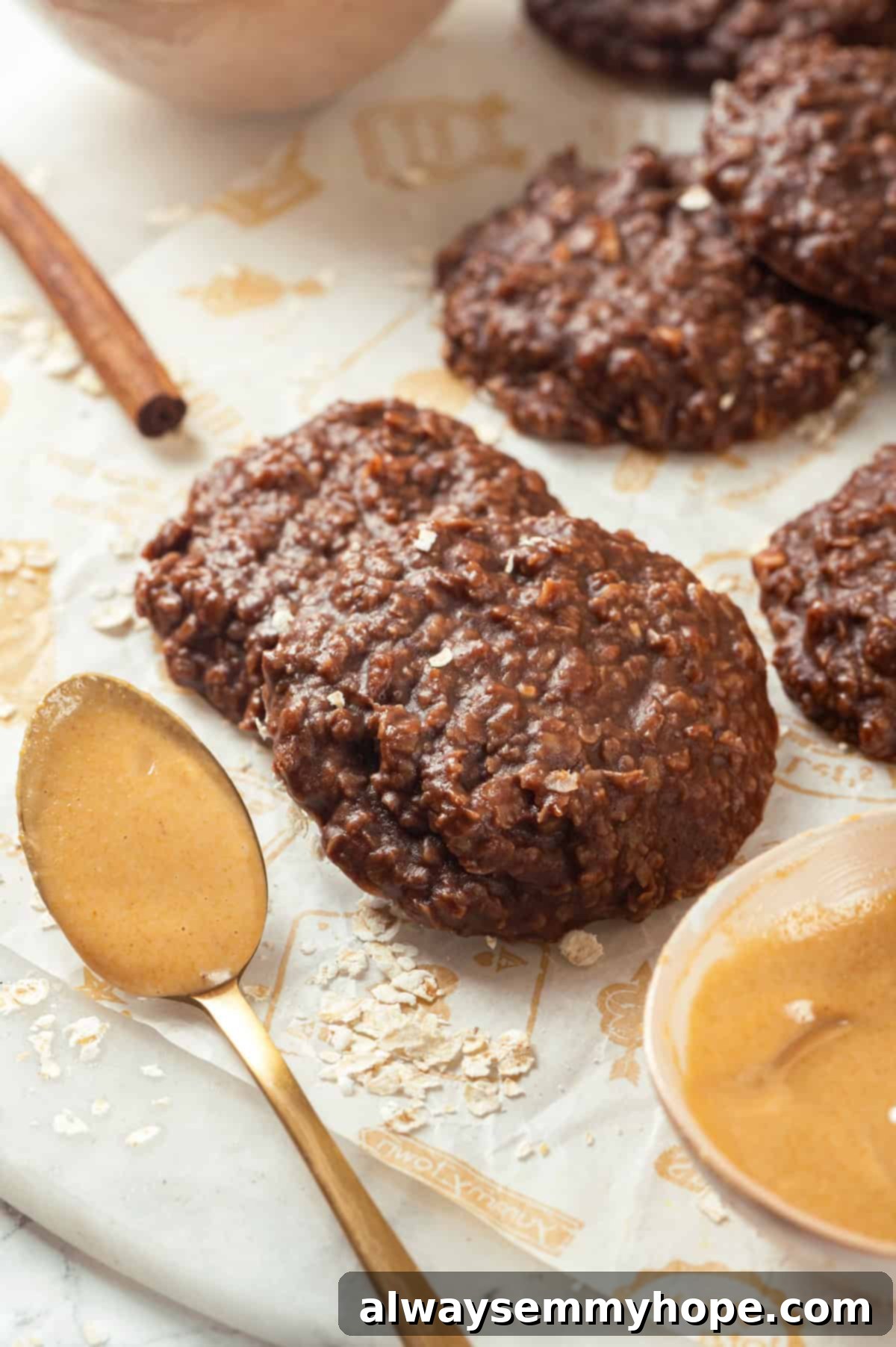 Chewy vegan no bake cookies on parchment paper