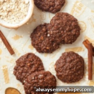 Overhead view of chocolate no bake cookies on parchment paper