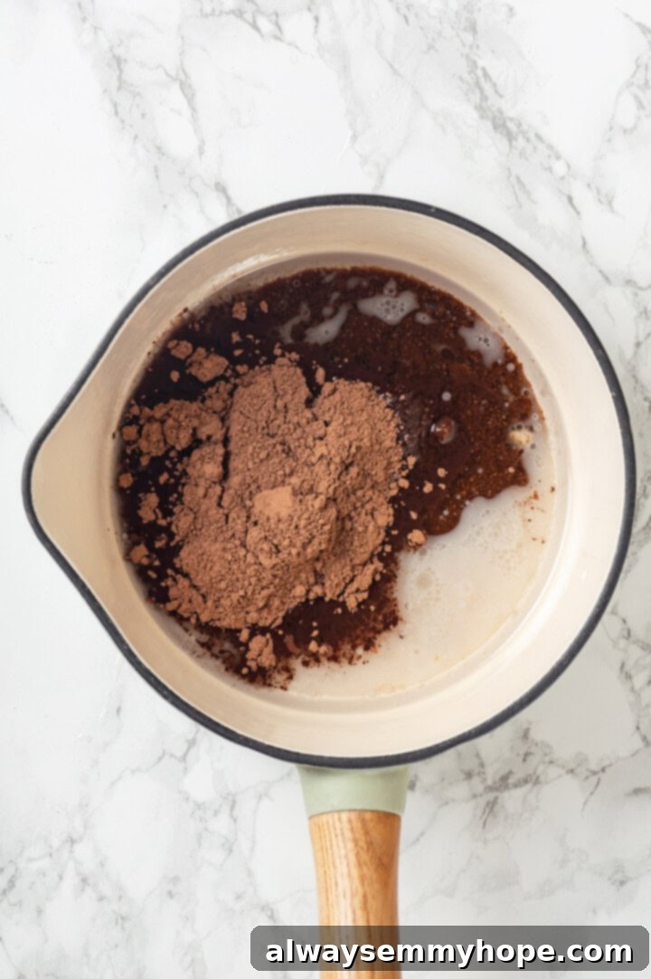 Cocoa powder, coconut oil, and sugars in saucepan