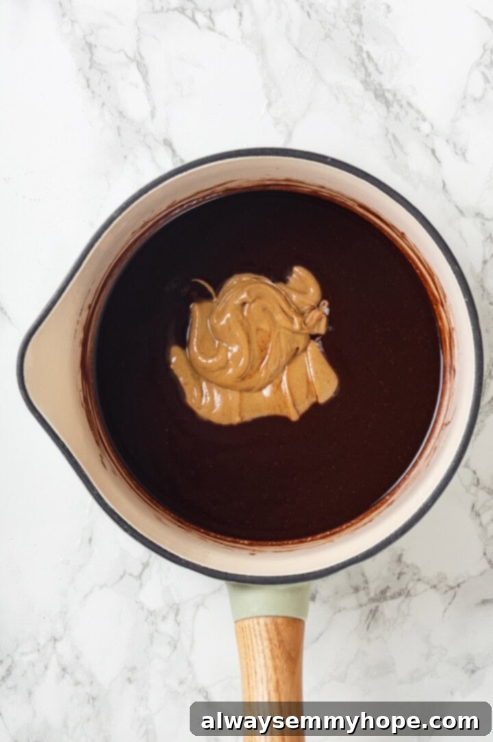 Peanut butter added to liquid ingredients for no bake cookies