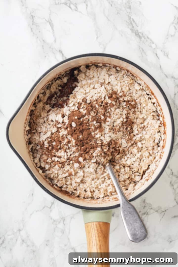 Oats and cinnamon added to liquid ingredients for no bake cookies