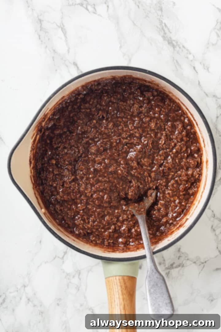 Dough for no bake cookies in pan with spoon