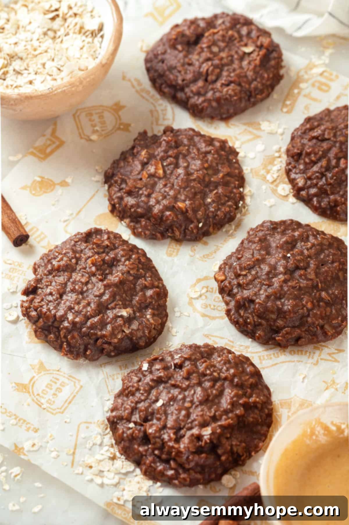 Chewy no bake cookies on parchment paper