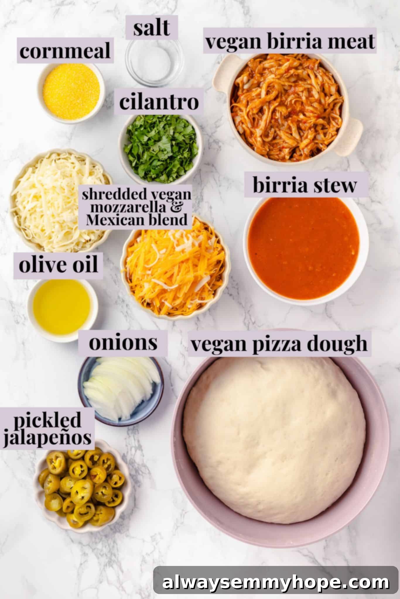 This vegan birria pizza recipe has all the savory, spicy goodness and toppings of birria tacos, but in the form of a cheesy pizza! Overhead view of all the fresh and prepared ingredients for vegan birria pizza on a light countertop