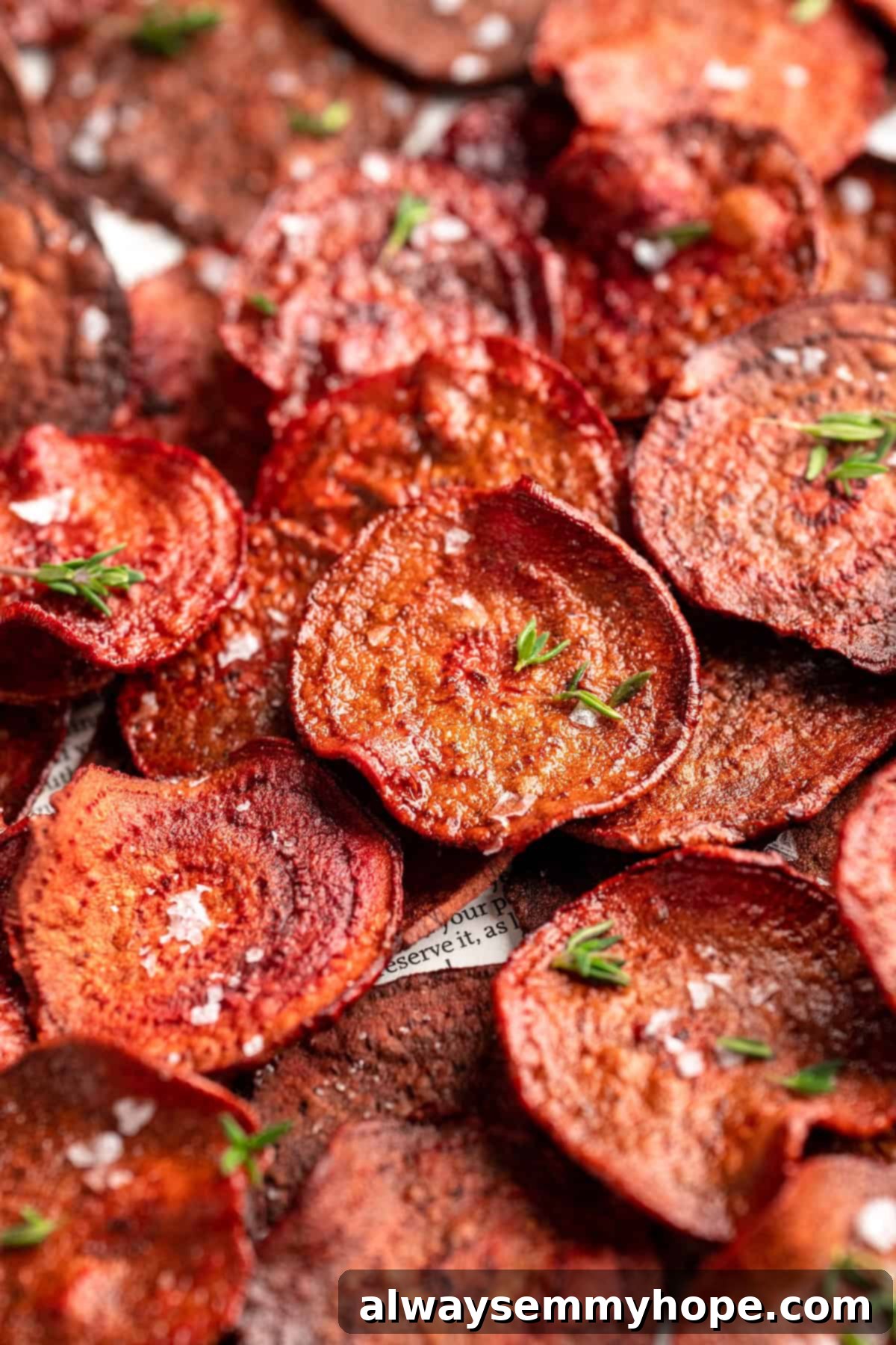 Closeup of baked beet chips topped with sea salt and fresh thyme leaves