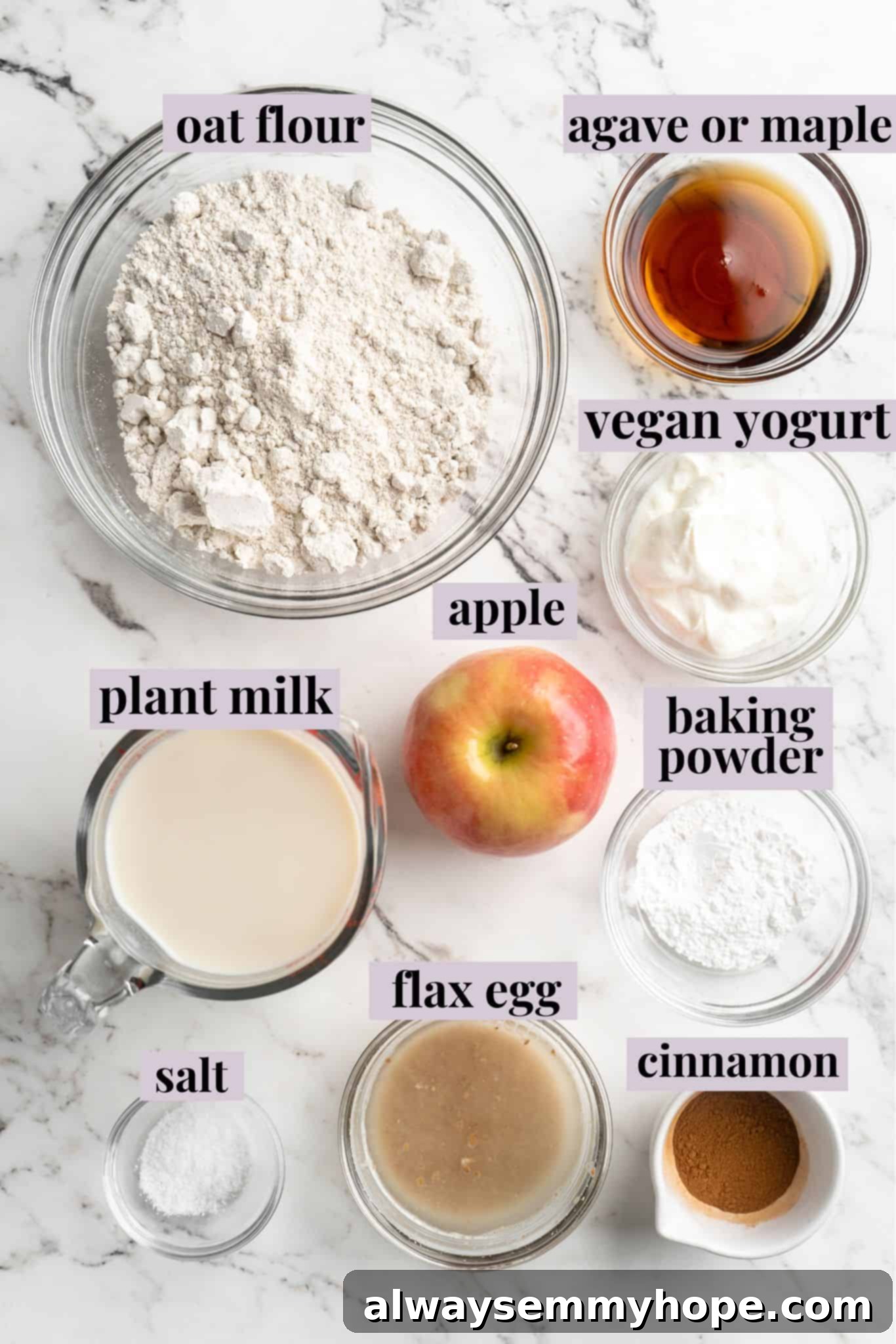 Overhead view of all the ingredients for vegan apple pie pancakes neatly laid out on a rustic surface, each labeled for clarity. The fresh apple, oat flour, vegan milk, and spices are prominently displayed, inviting a sense of readiness for cooking.
