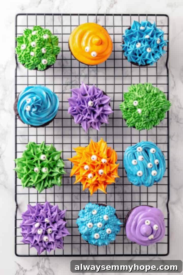 These moist chocolate Halloween cupcakes are topped with cute frosting monsters in a variety of colours. They taste as good as they look! Overhead view of a variety of decorated Halloween monster cupcakes, showing different colors of furry frosting and candy eyes, ready to be enjoyed.