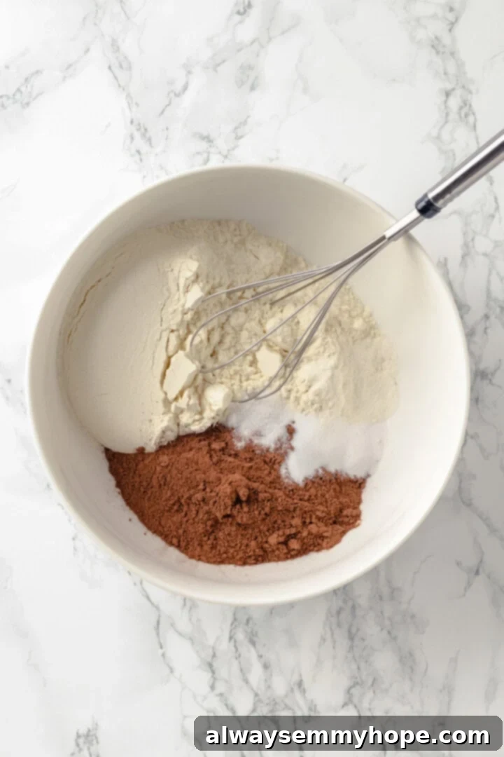 These moist chocolate Halloween cupcakes are topped with cute frosting monsters in a variety of colours. They taste as good as they look! Dry ingredients for vegan chocolate cupcakes in a mixing bowl before whisking, including flour, sugar, cocoa powder, baking soda, baking powder, and salt, ready to be combined.