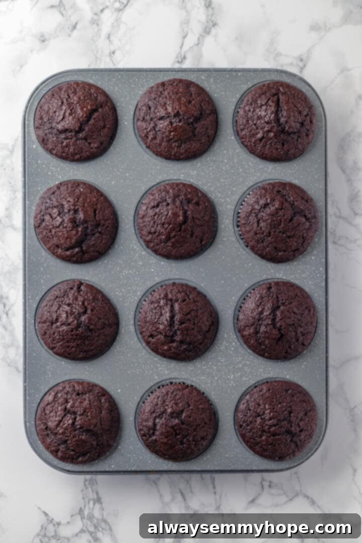 These moist chocolate Halloween cupcakes are topped with cute frosting monsters in a variety of colours. They taste as good as they look! Overhead view of perfectly baked vegan chocolate cupcakes still in the muffin pan, golden brown and risen, ready to be cooled.