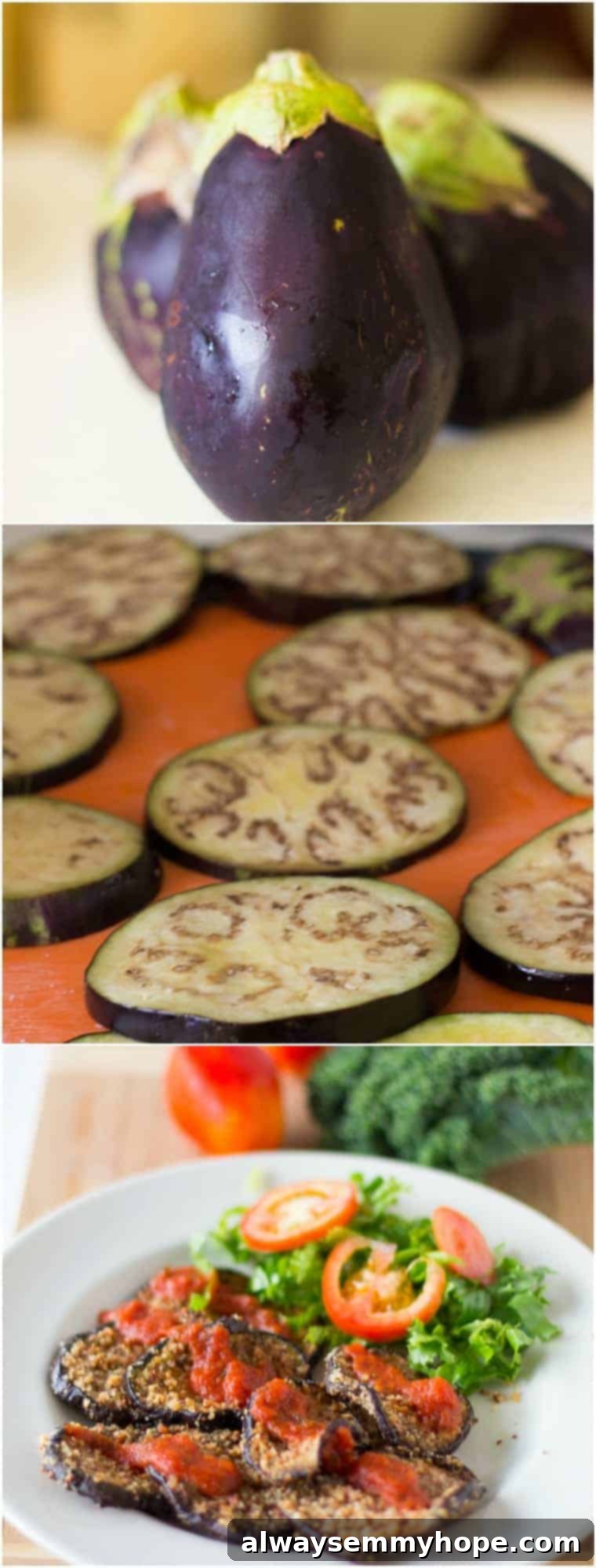 Montage showing the process of preparing almond-crusted baked eggplant: eggplant being sliced, coated in almond mixture, and baking on a sheet.