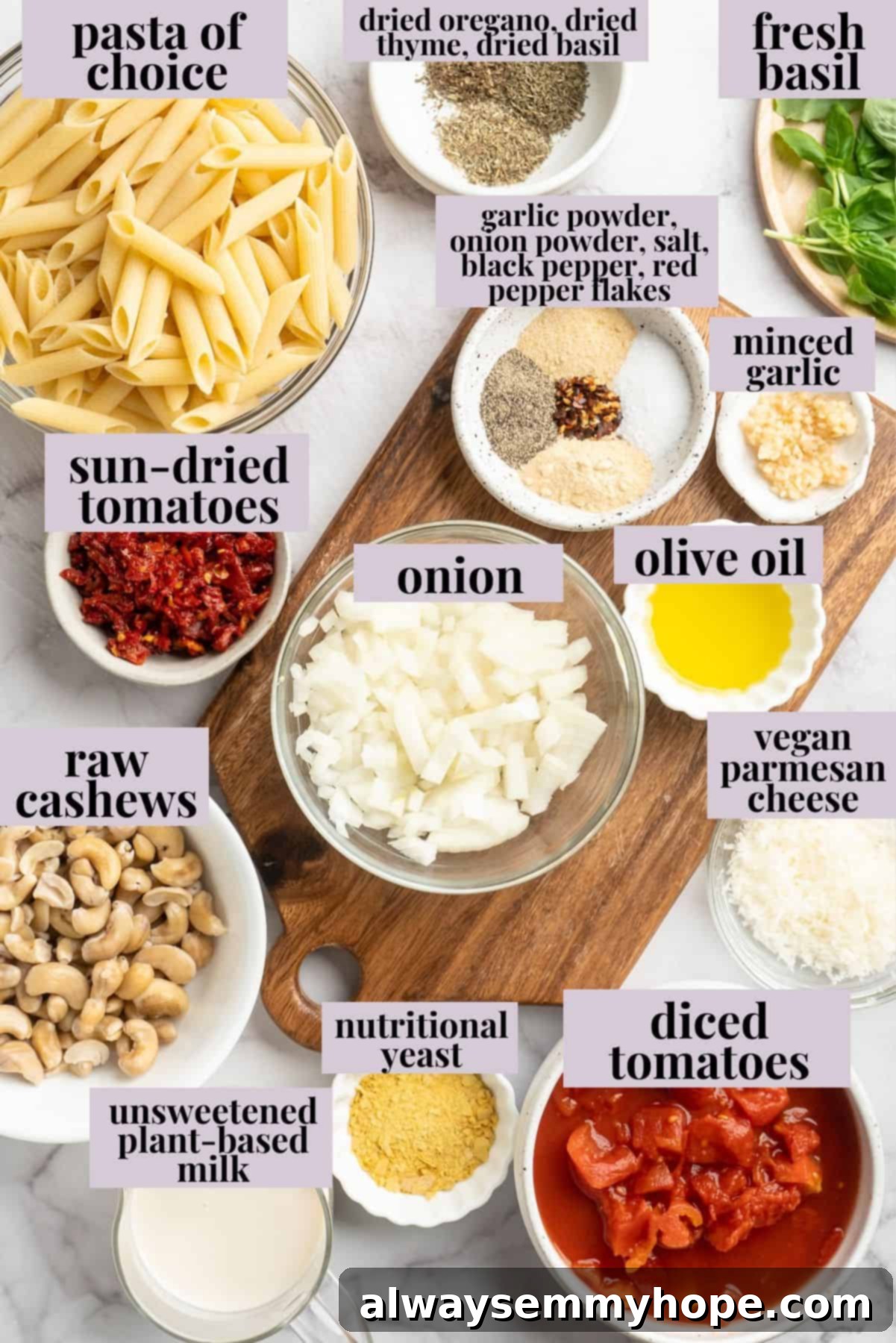 Overhead view of ingredients for vegan marry me pasta