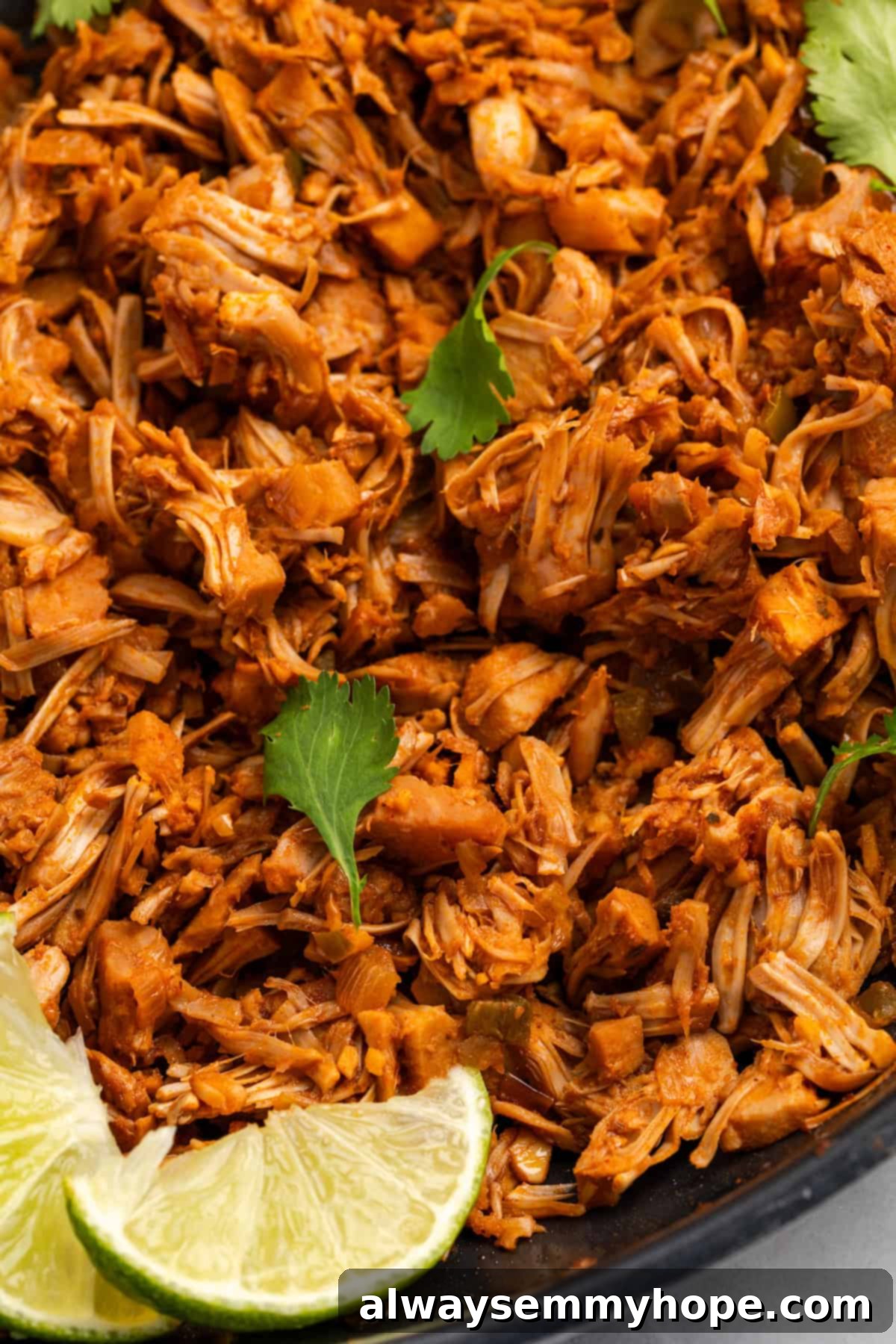 Close-up shot of the savory, sweet, and spicy vegan jackfruit filling in a skillet, showcasing its shredded texture and rich color, ready to be stuffed into gorditas.