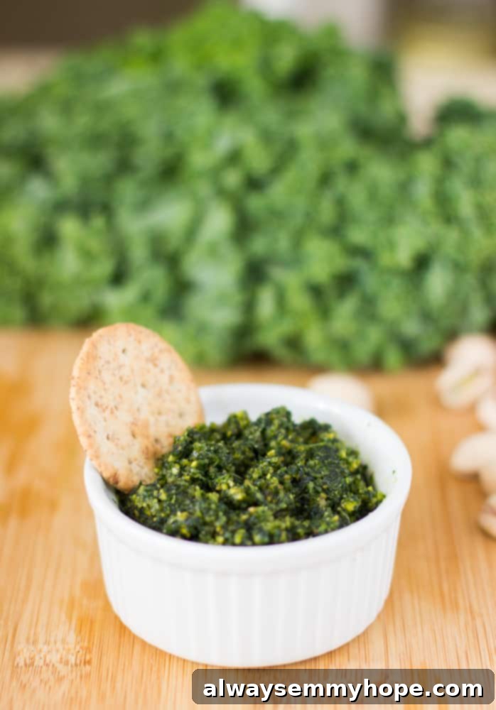 Kale and Pistachio Pesto in a white ramekin.
