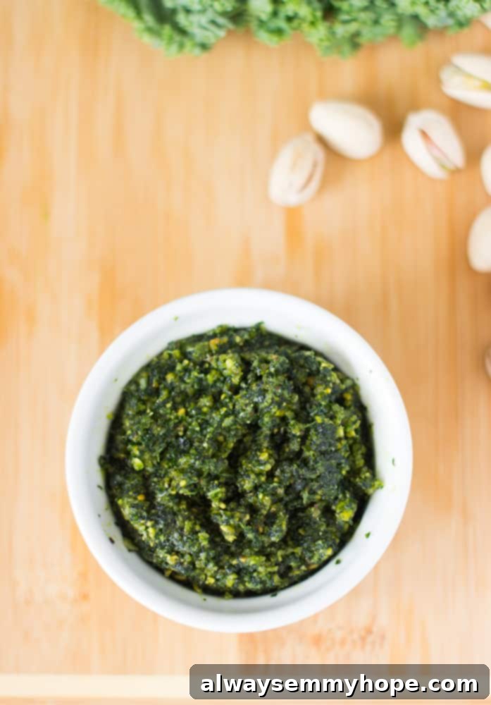Top down shot of pesto in a ramekin. 