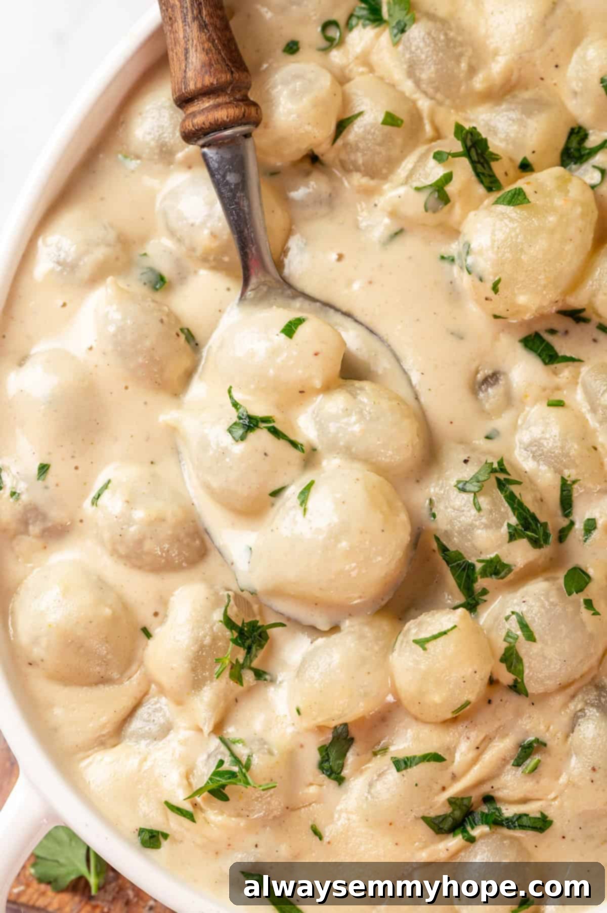 These creamed onions are sweet, savoury, and rich. A stovetop recipe perfect for holiday dinners but easy enough for a weeknight! Overhead view of creamed onions in dish with spoon