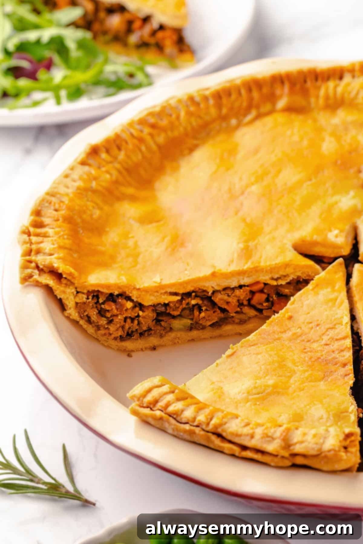Vegan tourtière in pie pan with a perfect slice cut out, showcasing the rich filling