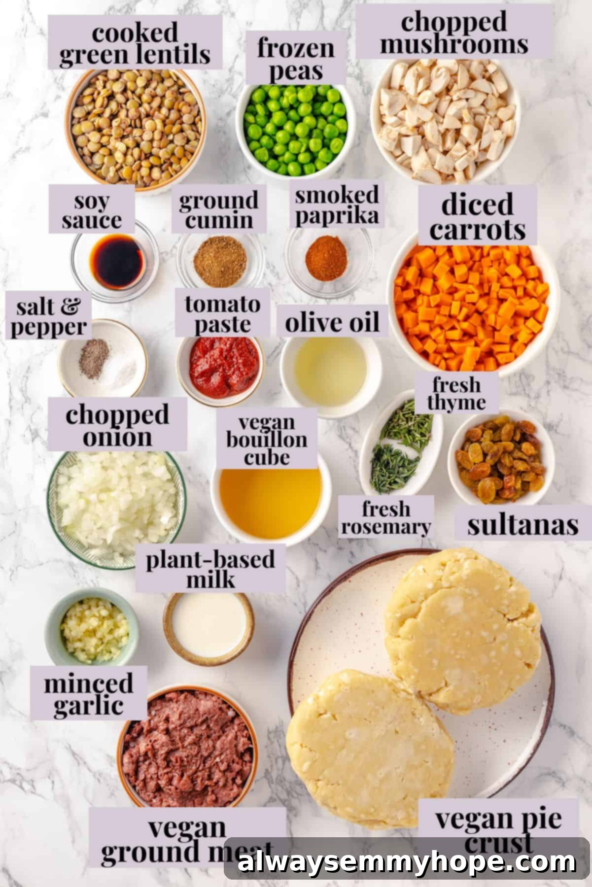 Overhead view of fresh ingredients for vegan tourtière, neatly arranged