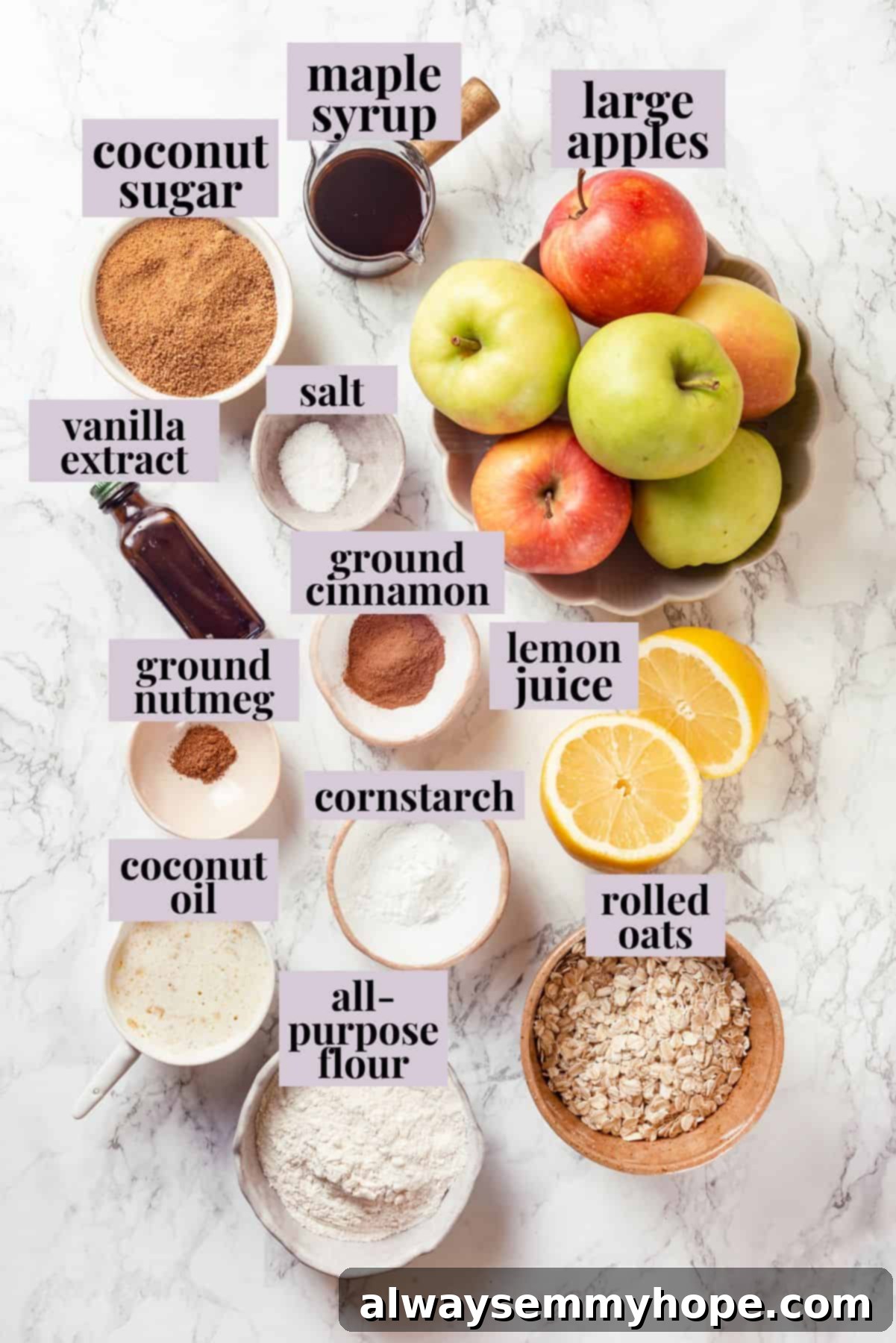 Overhead view of ingredients for apple crisp with labels