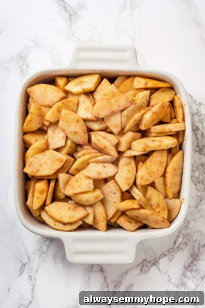 Overhead view of apples in baking dish