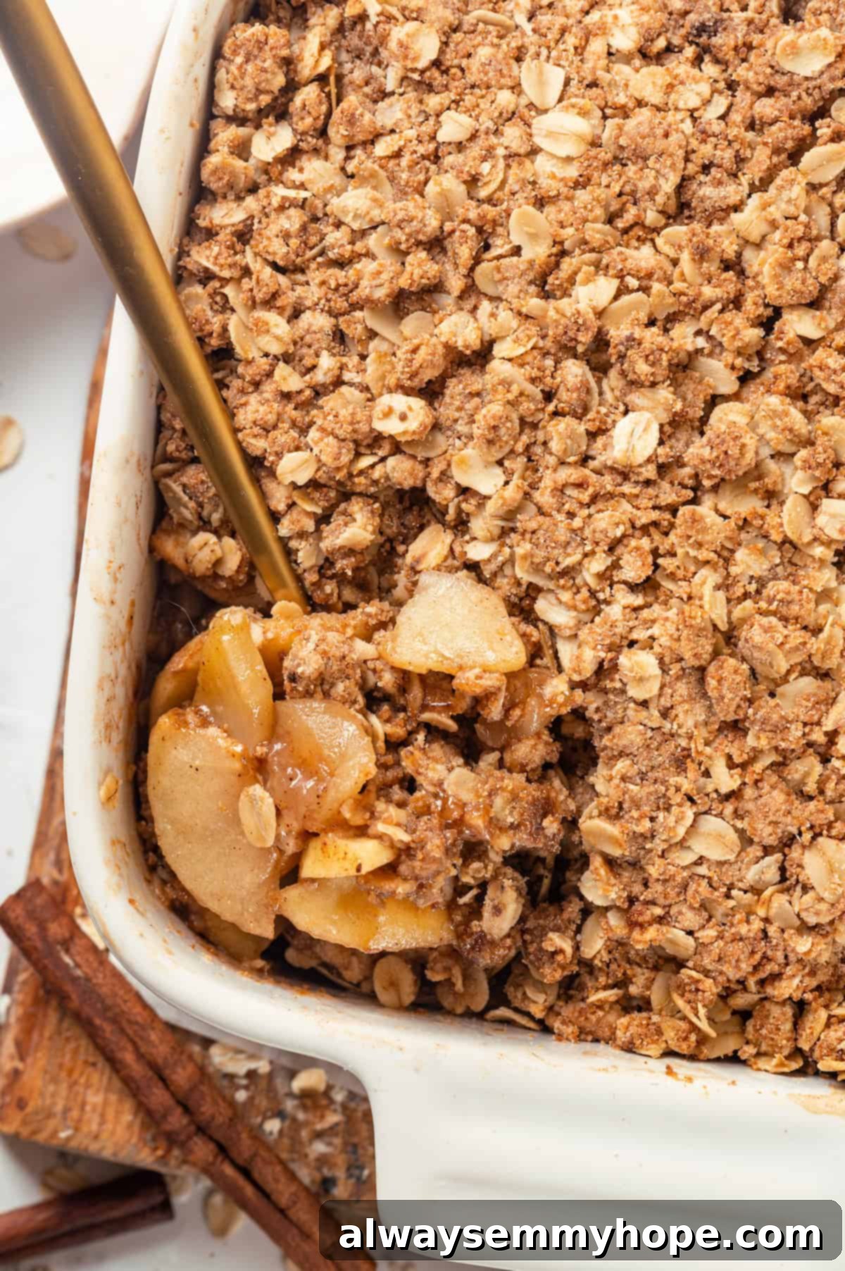 Overhead view of apple crisp in baking dish
