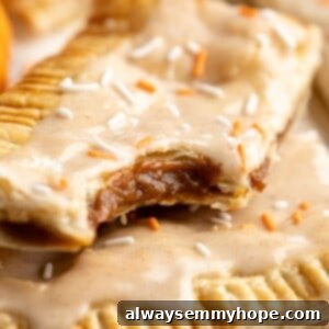 Pumpkin Spice Toaster Pastries 2 Two homemade pumpkin pop tarts stacked on top of each other with bite taken out of top to show filling