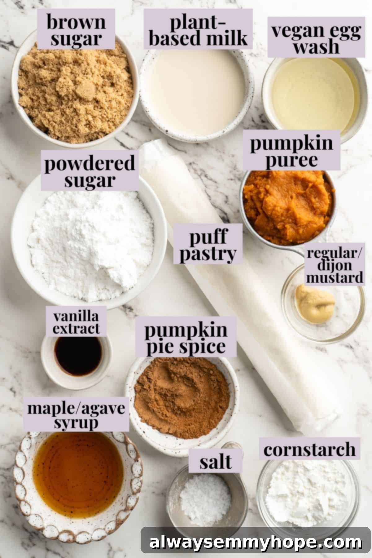A cozy pumpkin-spiced filling is tucked into flaky vegan puff pastry to make these easy and delicious homemade pumpkin pop tarts! Overhead view of ingredients for vegan pumpkin pop tarts laid out on a table