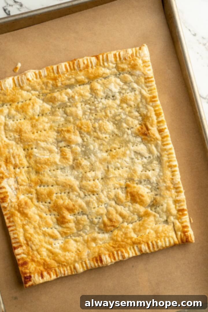 A cozy pumpkin-spiced filling is tucked into flaky vegan puff pastry to make these easy and delicious homemade pumpkin pop tarts! Baked vegan pumpkin pop tart, golden brown and puffed, before frosting.