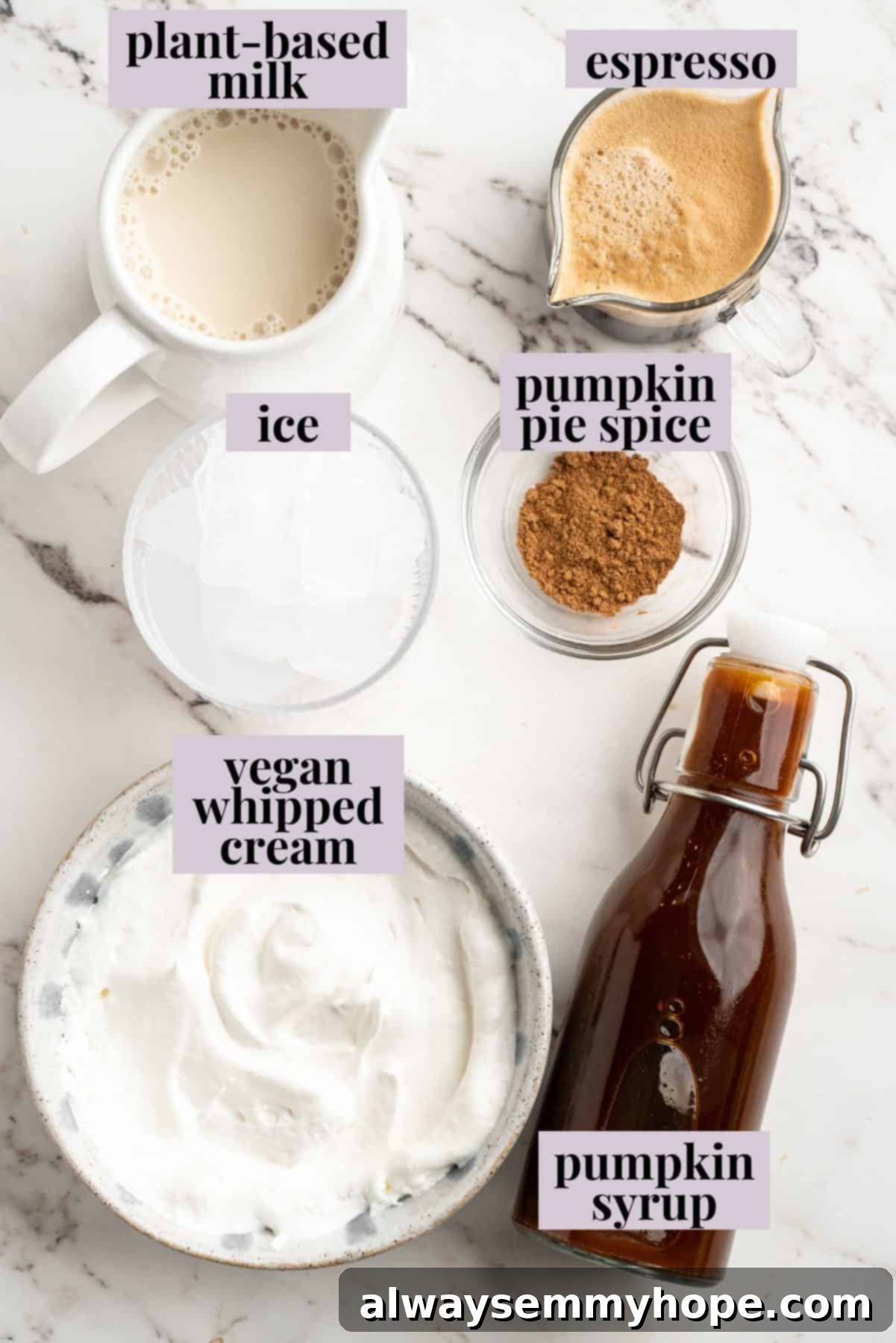 This vegan pumpkin spice latte recipe is a homemade version of the coffee house favourite. It's just as cozy and delicious as the original! Overhead view of ingredients for vegan pumpkin spice latte, including plant-based milk, pumpkin spice syrup, espresso, and pumpkin pie spice.